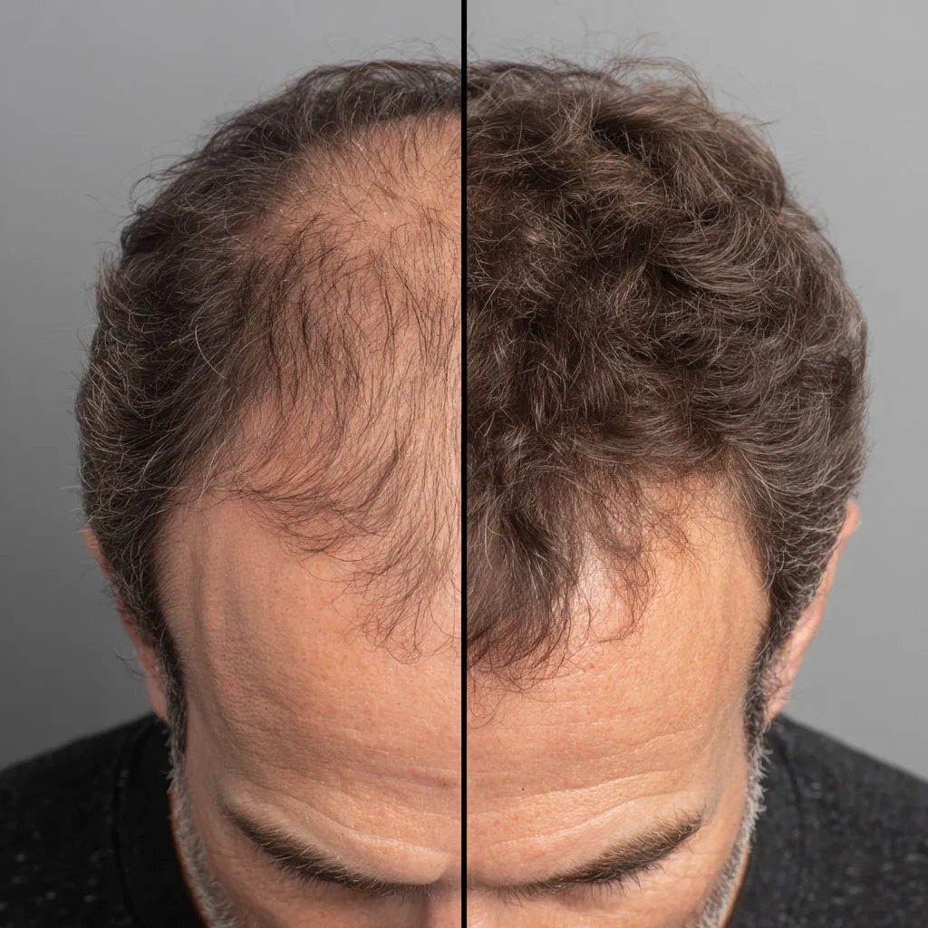 A before-and-after image showcases a man's hair regrowth.  The left side reveals thinning hair, particularly at the temples and crown. The right side displays noticeably fuller hair, demonstrating a significant improvement in hair density and coverage. The contrast highlights the effectiveness of a hair loss treatment.
