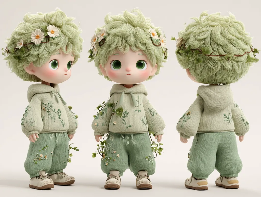 Three identical 3D-rendered models of a cute boy are shown from different angles.  He has light green, curly hair adorned with a flower crown, and wears a pale green hoodie and pants, both embroidered with small floral designs.  Vines and leaves sprout from his clothing, adding to the whimsical, nature-inspired aesthetic.  The boy has large, expressive eyes and a sweet expression.