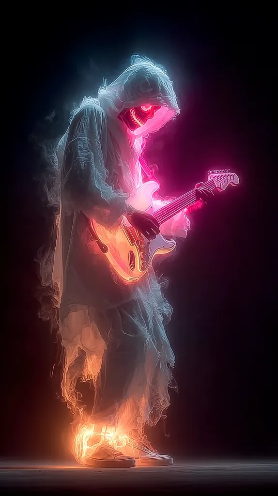 A digital art piece depicts a hooded figure, seemingly cloaked in ethereal smoke, playing an electric guitar.  The figure's mask glows with a vibrant red, contrasting with the cool blue tones of the clothing and the fiery orange at the feet.  The guitar emits a pink light, creating a surreal and energetic atmosphere. The overall effect is one of otherworldly musical performance.