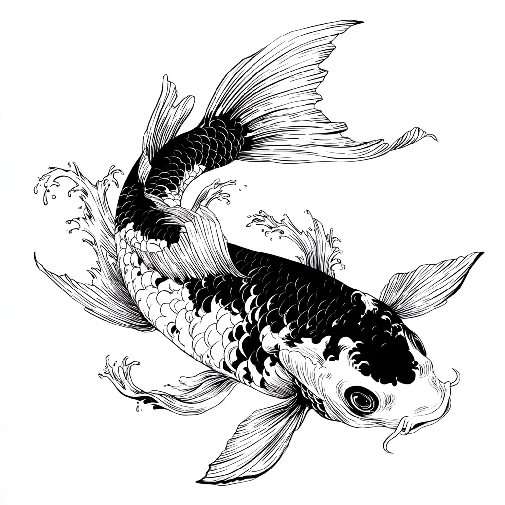A detailed black and white illustration of a koi fish swimming. The fish is depicted in a dynamic pose, its scales and fins meticulously rendered. Water splashes surround the koi, enhancing the sense of movement.  The style is reminiscent of traditional Japanese woodblock prints, with strong contrasts and intricate linework.  The overall effect is elegant and powerful.