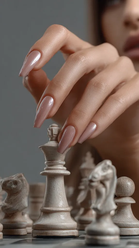 A woman's hand with long, light-pink nails delicately moves a white chess king on a chessboard. The focus is on the nails and the king piece, with the woman's face softly blurred in the background.  The image suggests a theme of strategy, elegance, and precision. The muted color palette enhances the overall sophisticated mood.