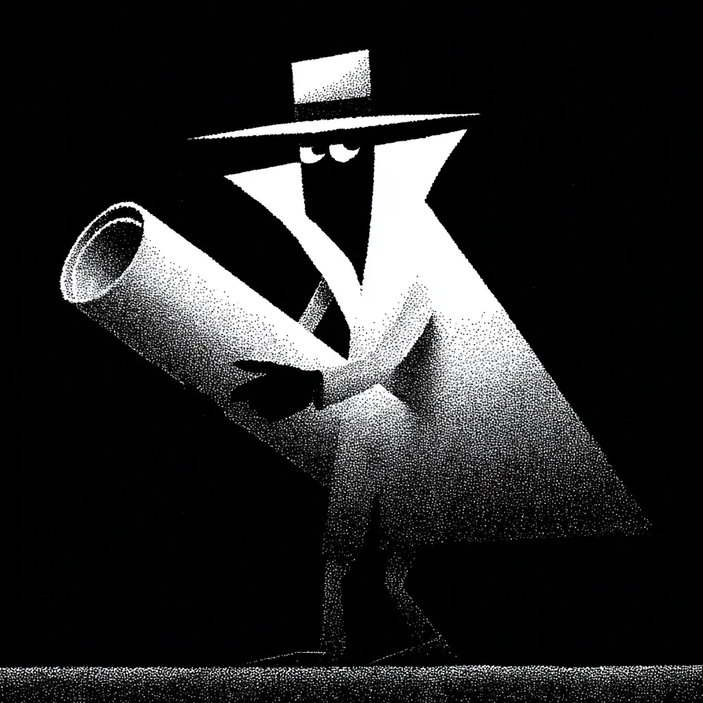 A stylized illustration depicts a mysterious figure in a long white coat and fedora, carrying a large rolled-up object. The figure's face is obscured by shadow, adding to the air of secrecy. The image is rendered in stark black and white, utilizing a pointillist technique creating a textured effect. The overall style evokes a sense of intrigue and perhaps espionage.