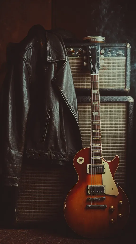 A vintage Gibson Les Paul electric guitar rests against a stack of guitar amplifiers.  A worn leather jacket hangs casually over the top amp. The scene is dimly lit, evoking a classic rock and roll aesthetic with a smoky atmosphere. The image suggests a musician's rehearsal space or backstage area.  The guitar shows signs of age and use, adding to its character.
