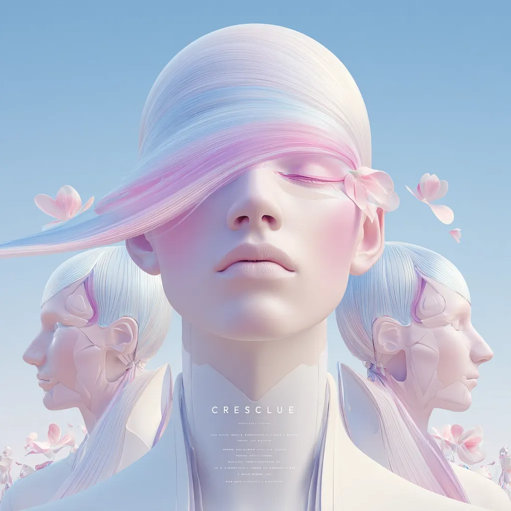 A serene digital art piece depicts a central figure with flowing, pastel-colored hair partially obscuring her eyes.  Flanked by two similar, yet slightly less defined figures, the image evokes a sense of calm and ethereal beauty.  Delicate flowers float around them, enhancing the dreamlike atmosphere. The word "CRESCLUE" is prominently displayed, suggesting a brand or title. The overall aesthetic is soft, pastel, and otherworldly.