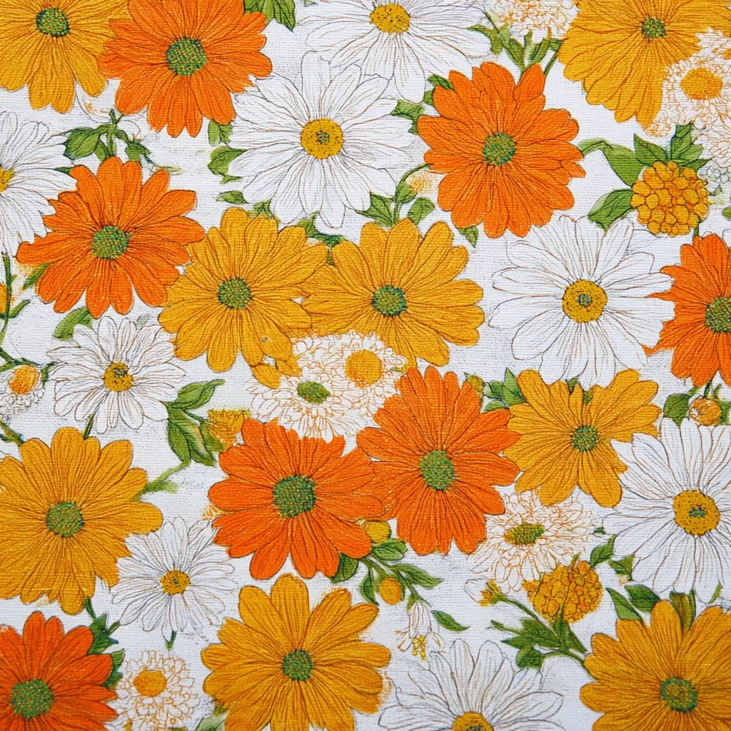 A vibrant floral pattern featuring a profusion of orange and gold daisies interspersed with white daisies.  The flowers are densely packed, creating a busy yet cheerful design.  Green stems and leaves add depth, suggesting a summery garden scene.  The overall style is reminiscent of 1970s retro prints.