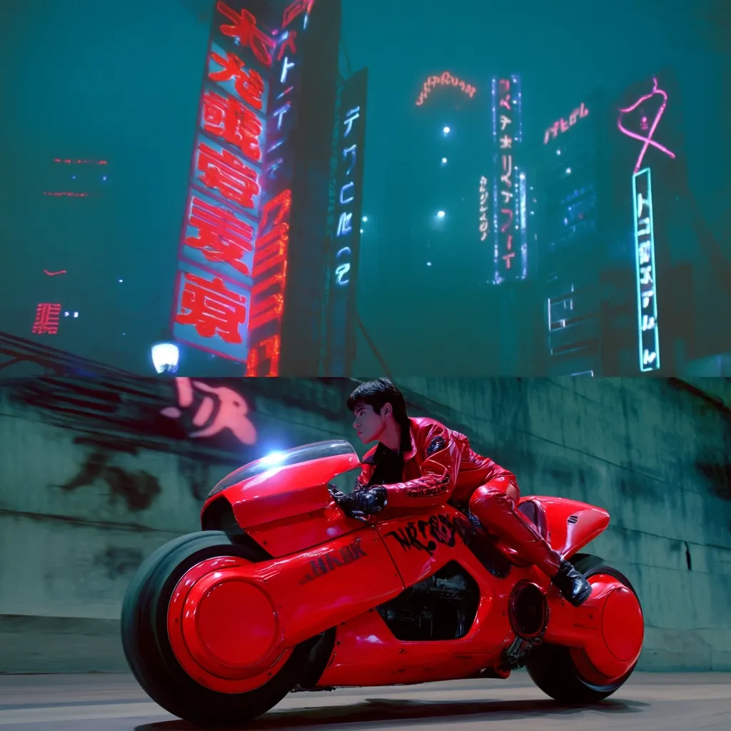 A split image showcasing a cyberpunk cityscape at night, vibrant with neon signs in Japanese, and a person riding a bright red futuristic motorcycle. The motorcycle is sleek and futuristic, with large, round wheels. The overall aesthetic is reminiscent of the film *Akira*.  The contrast between the neon-lit city and the powerful motorcycle creates a dynamic and visually striking scene.