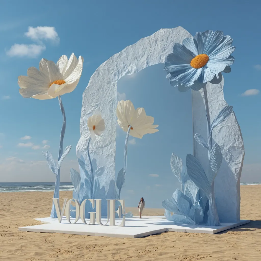 A Vogue photoshoot features a large, sculpted installation on a sandy beach.  The centerpiece is a pale blue, rock-like archway adorned with oversized paper flowers in shades of white and blue.  A woman in a light-colored dress stands within the archway, framed by the dramatic floral display. The Vogue logo is prominently placed at the base. The scene is serene and evokes a dreamy, ethereal mood under a clear blue sky.