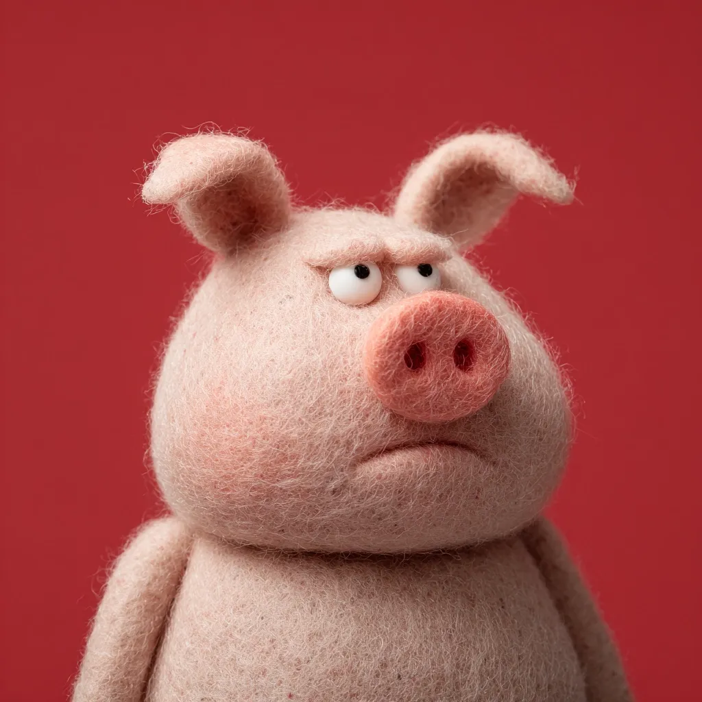 Close-up view of a grumpy-looking pig crafted from light pink wool felt.  The pig's furrowed brow and downturned mouth convey a displeased expression. Its ears are slightly pointed outwards, adding to its annoyed demeanor. The pig is set against a solid red background, enhancing the contrast and focus on its textured surface.