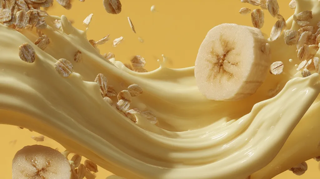 A creamy, light yellow liquid swirls, incorporating pieces of banana and oats.  The motion is dynamic, showcasing the texture of the liquid and the ingredients suspended within. The overall color palette is warm and inviting, suggesting a healthy and delicious smoothie or beverage.