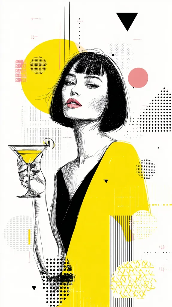 A stylized illustration of a woman with a bob haircut, holding a martini glass.  She's depicted in a sketched style, wearing a black dress and a vibrant yellow jacket. The background features bold geometric shapes in yellow, black, and pink, creating a modern and abstract composition.  The overall style is graphic and contemporary.