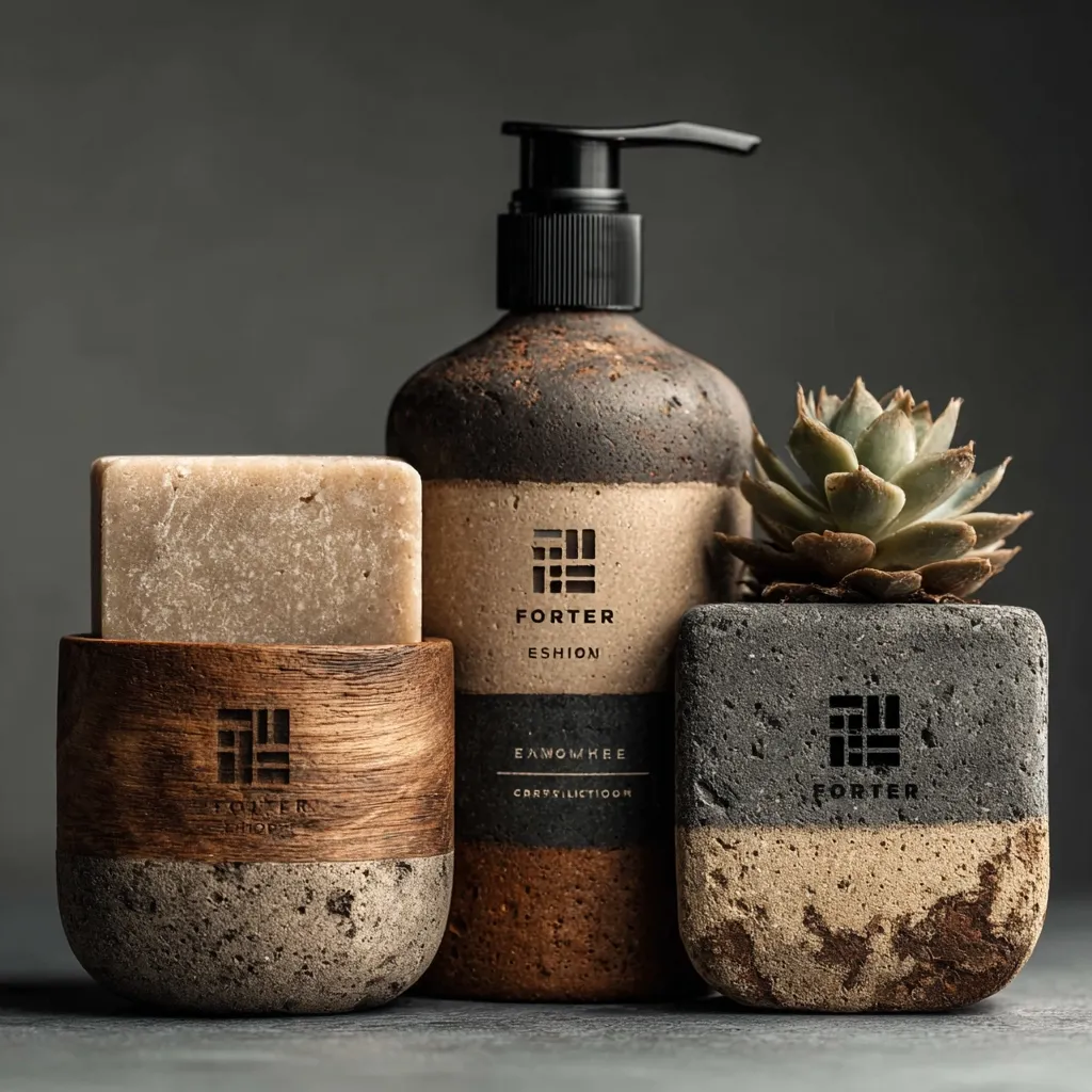 A stylishly arranged still life features a dark-colored soap dispenser, a bar of soap in a wooden holder, and a small succulent in a textured pot.  All items share a consistent minimalist aesthetic with a branded logo, suggesting a cohesive product line. The earthy tones and rough textures create a sophisticated and natural feel. The background is a muted grey, emphasizing the products.