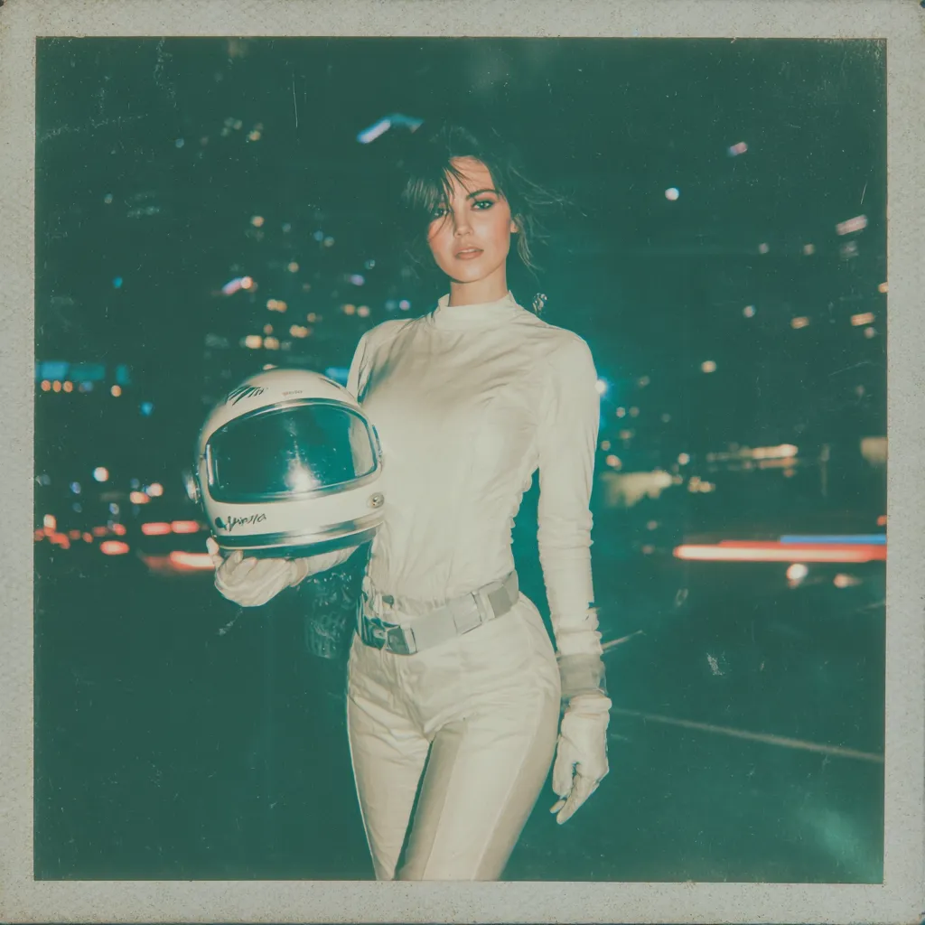 A young woman in a white, futuristic jumpsuit holds a white racing helmet.  The setting appears to be a city street at night, with blurred lights in the background, giving a retro, vintage feel to the photograph. The overall aesthetic is stylish and slightly mysterious.  The image has a grainy, textured quality, reminiscent of a Polaroid snapshot.