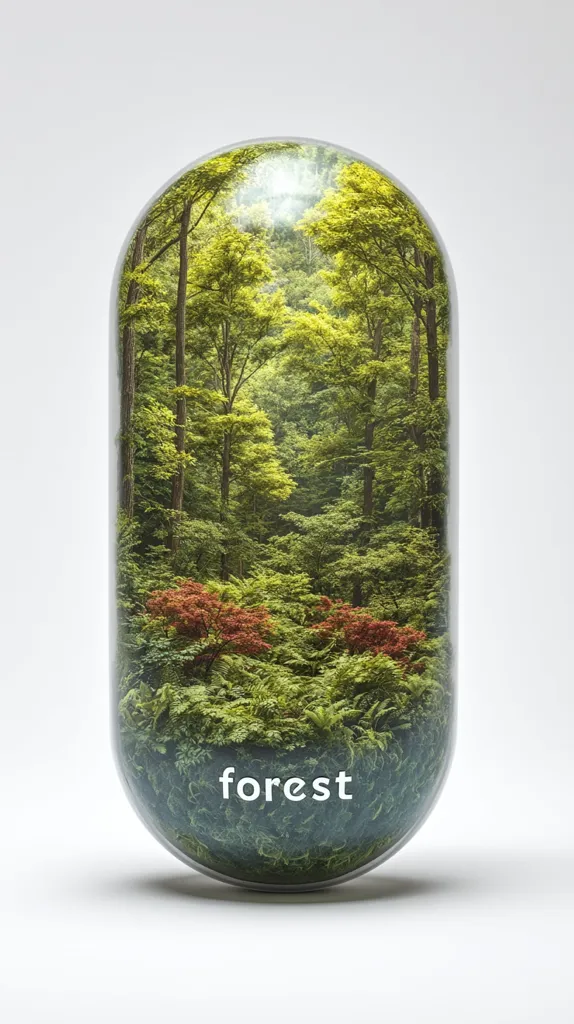 A lush forest scene is encapsulated within a transparent, pill-shaped container.  Sunlight filters through the canopy of green trees, illuminating the undergrowth of ferns and reddish shrubs. The word "forest" is subtly printed at the bottom. The image evokes a sense of nature preserved or perhaps the idea of environmental protection.