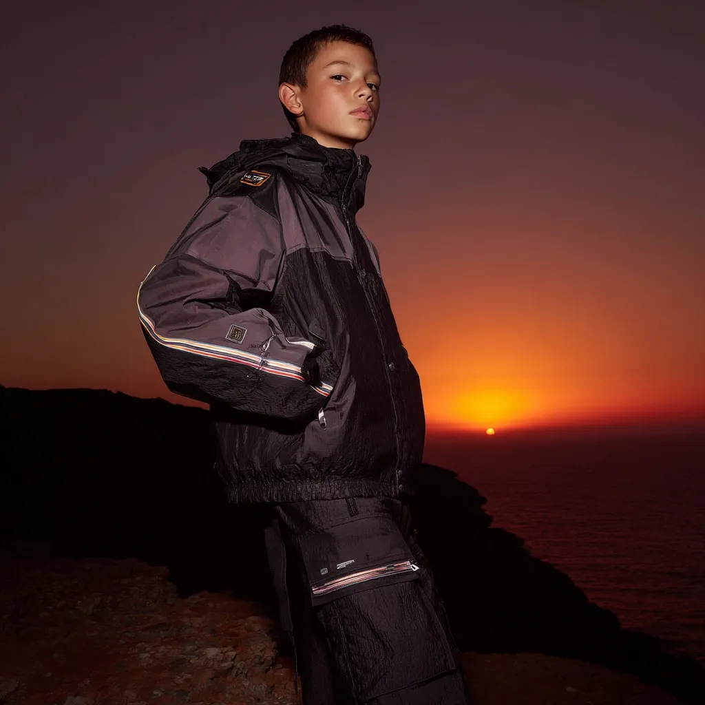 A boy stands on a cliff overlooking a sunset ocean. He wears a black and gray hooded jacket with colorful stripes on the sleeves and matching black cargo pants.  The sunset casts a warm orange glow on the scene, highlighting the boy's serious expression.  His attire suggests a sporty, outdoor style.