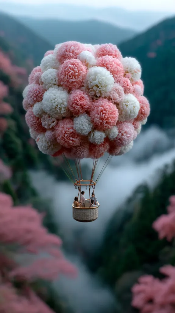A whimsical hot air balloon crafted from delicate pink and white pom-poms floats serenely above a misty landscape.  Three miniature figures sit within the woven basket, enjoying the breathtaking view of rolling hills and blossoming trees below. The scene is dreamlike and peaceful, a surreal blend of nature and artistry.