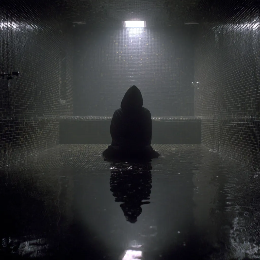 A hooded figure sits alone in a dimly lit, steam-filled room. The walls are dark, tiled, and wet, reflecting the figure's silhouette in the water on the floor.  The only light source is a single overhead lamp, casting a pale glow on the scene. The atmosphere is mysterious and somber, evoking a sense of isolation and contemplation.