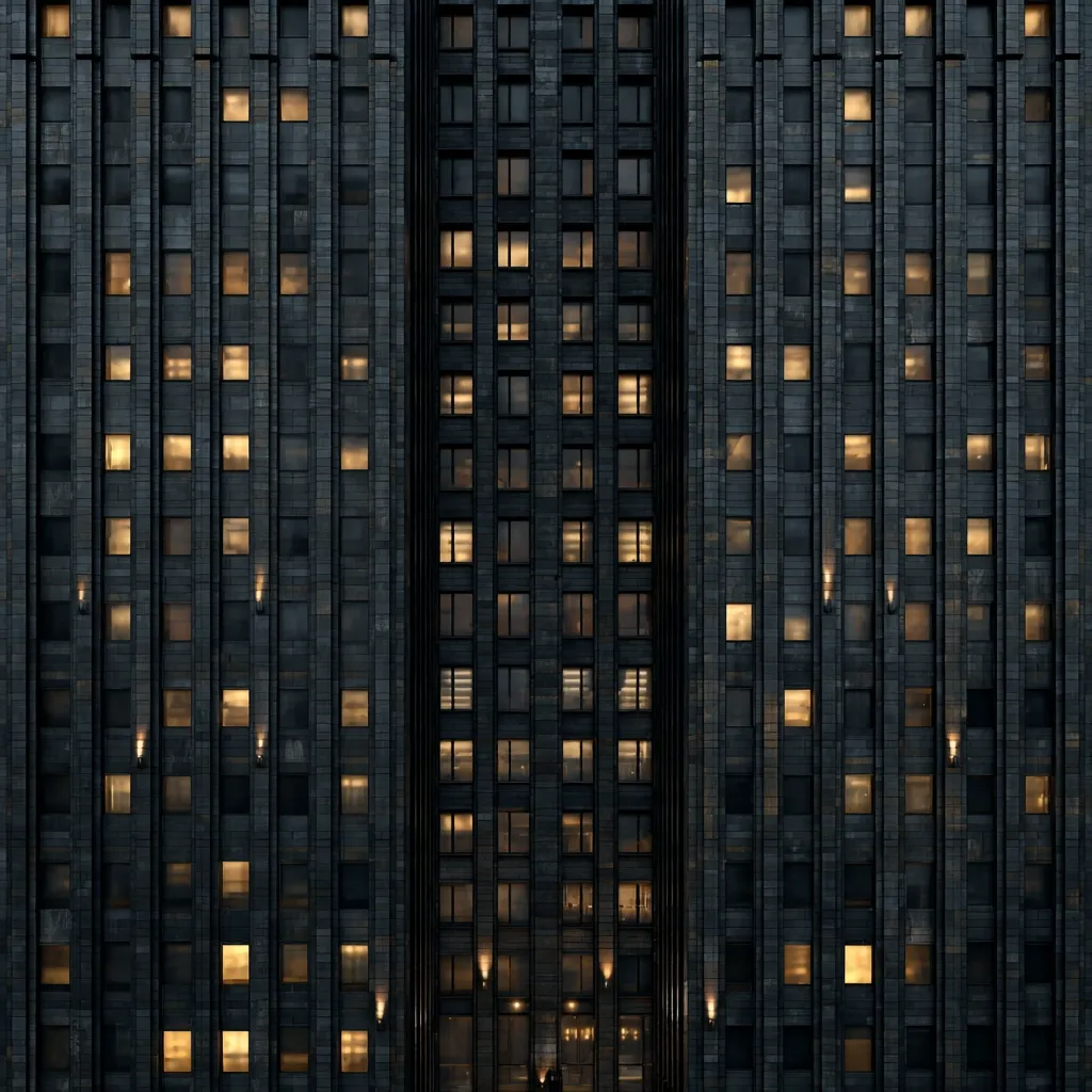 The image shows the exterior of a dark-grey skyscraper at night.  Numerous windows are visible, many glowing with warm interior light, creating a grid-like pattern across the building's facade. The building's architecture is characterized by its vertical lines and regularly spaced windows.  A few lights are visible on the outside of the building near the ground. The overall effect is one of stark geometry and subtle warmth amidst the darkness.