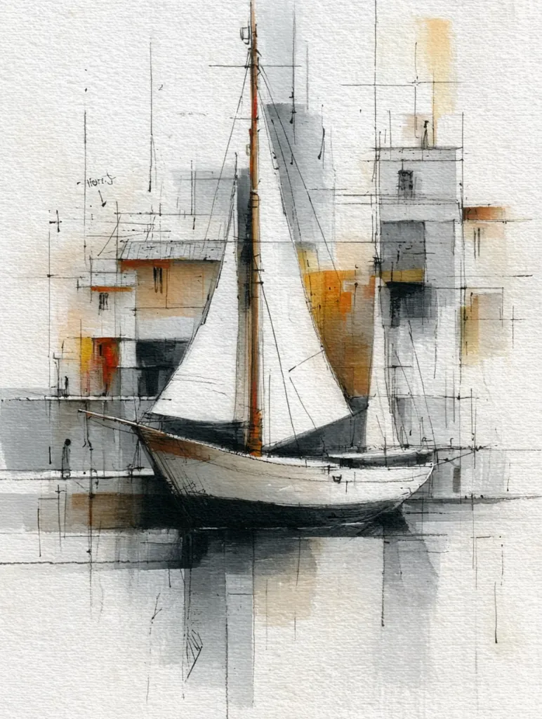 A stylized watercolor painting depicts a sailboat docked beside a cityscape. The boat is rendered in shades of white and gray, with a hint of brown on the mast. The city buildings are abstract, with muted tones and geometric shapes.  Thin, linear elements create a sense of depth and architectural structure, reminiscent of a blueprint or sketch. The overall style is minimalist and evocative.
