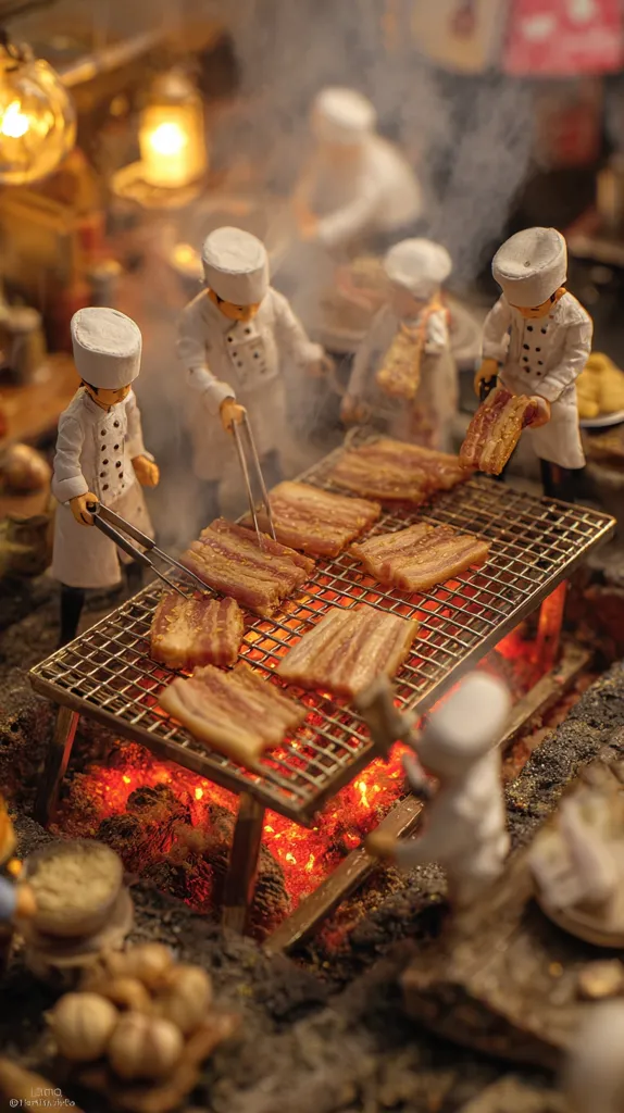 Miniature chefs in white coats expertly grill slices of meat on a small, glowing grill.  The scene is set in a rustic, dimly lit environment, with warm light emanating from lanterns in the background.  Smoke rises from the grill, adding to the atmospheric ambiance of the meticulously crafted diorama.  The chefs work with precision, using tongs to carefully arrange the cooking meat.