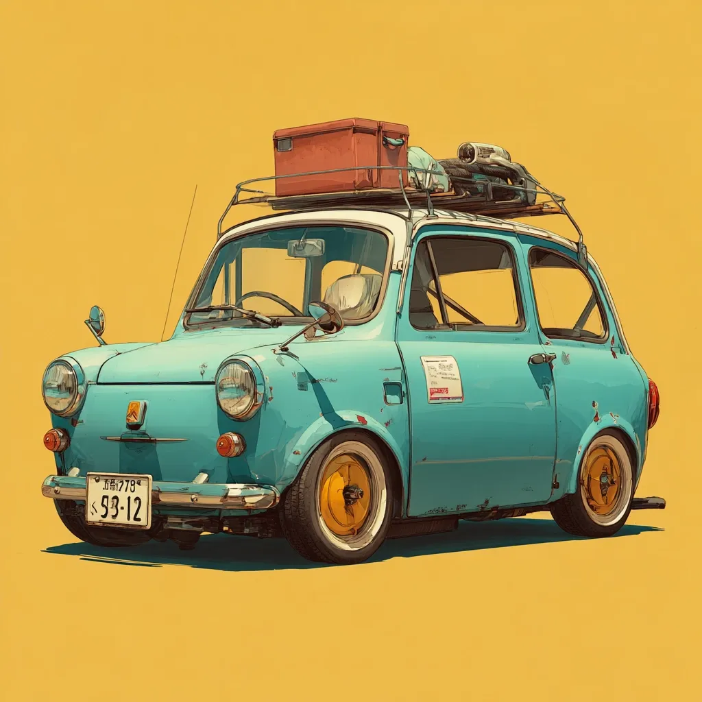 A teal vintage car, possibly a Zastava 750, is depicted against a mustard-yellow backdrop.  It's adorned with a roof rack carrying luggage, suggesting a road trip. The car shows signs of age and wear, adding to its charming vintage aesthetic. Its yellow rims contrast nicely with the faded teal paint, and a license plate is visible. The overall style is reminiscent of a stylized illustration or digital painting.