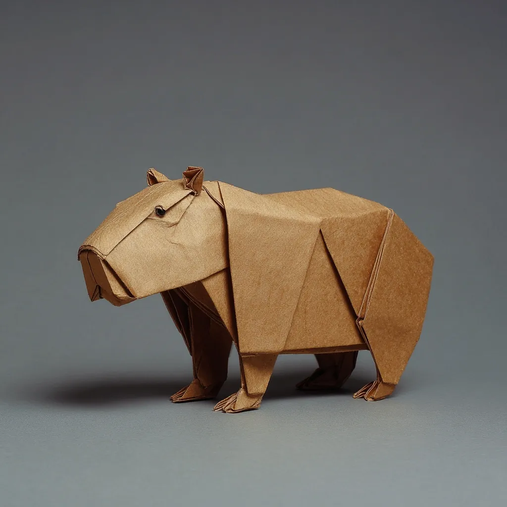 A meticulously crafted origami capybara stands on a gray surface.  The model, folded from brown paper, captures the rodent's distinctive features:  a rounded body, short legs, and small ears.  The paper's texture and folds give the capybara a realistic appearance, showcasing the artist's skill in origami.  The neutral background emphasizes the intricate detail of the folded paper creation.