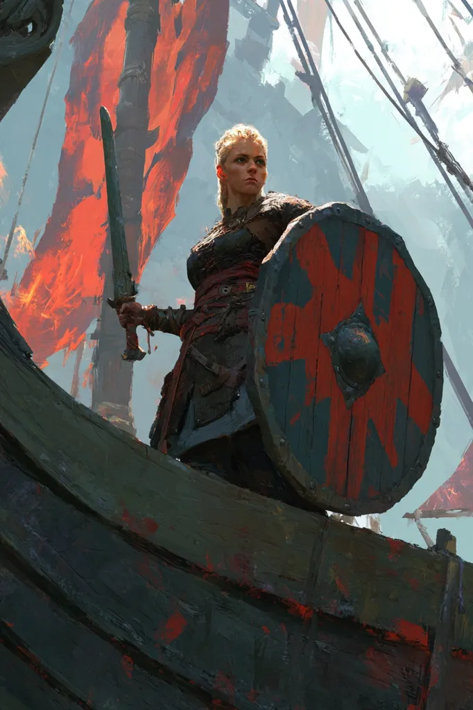 A fierce blonde female warrior stands on a Viking longship, a sword in one hand and a large, round shield adorned with a red cross in the other.  She's clad in dark, worn leather armor, her expression serious and determined.  Behind her, a tattered red flag billows in the wind, suggesting a battle or voyage. The ship's dark wood is stained with splashes of red, possibly blood. The overall mood is one of intense action and impending conflict.