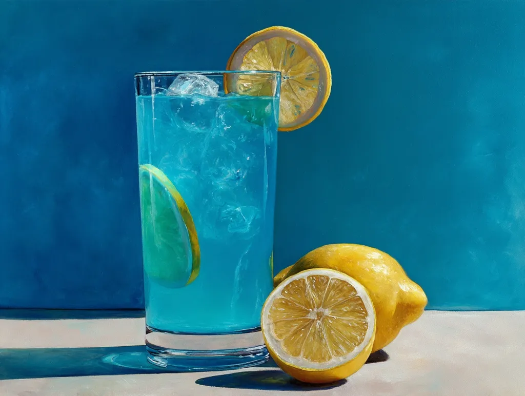 A tall glass filled with a vibrant blue lemonade is the centerpiece of this painting.  Ice cubes are visible within the drink, and slices of lemon and lime garnish the glass. Two whole lemons sit beside the glass on a light beige surface, set against a bold, deep blue background. The light creates a strong shadow, enhancing the contrast and realism of the still life. The painting evokes a sense of refreshing coolness and summer.