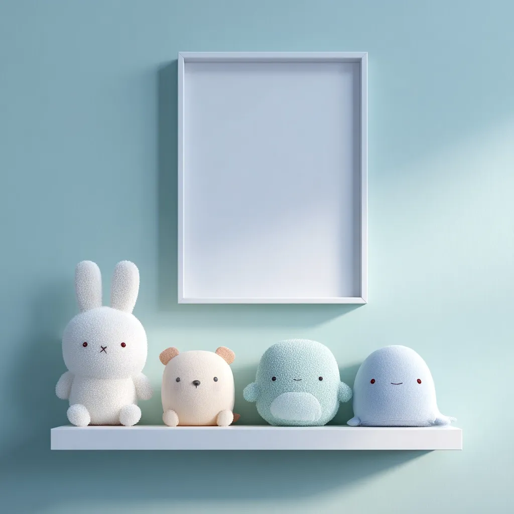 A white shelf against a light teal wall displays four pastel-colored plush toys: a rabbit, bear, penguin, and blob fish.  A white picture frame hangs above the shelf, providing a blank canvas. The scene is minimalist and evokes a calming, childlike atmosphere, suitable for a nursery or children's room.  The soft lighting enhances the overall peaceful ambiance.
