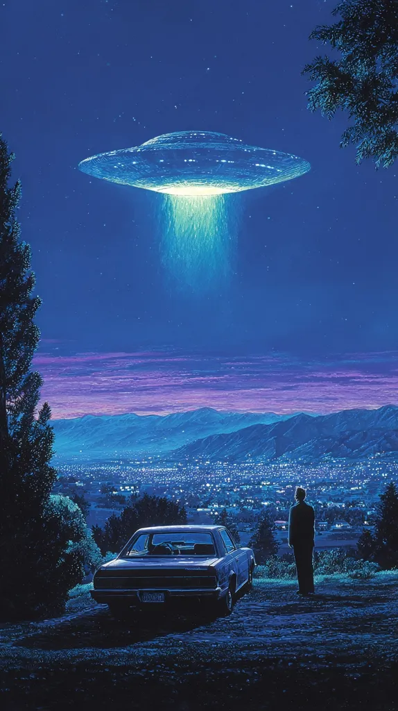 A glowing UFO hovers over a tranquil cityscape at night. A man stands silhouetted against the luminous spectacle, observing the scene from a hilltop overlooking a valley filled with twinkling lights. A classic car is parked nearby, adding to the nostalgic, otherworldly atmosphere. The sky is a deep blue, dotted with stars, creating a surreal and captivating view.