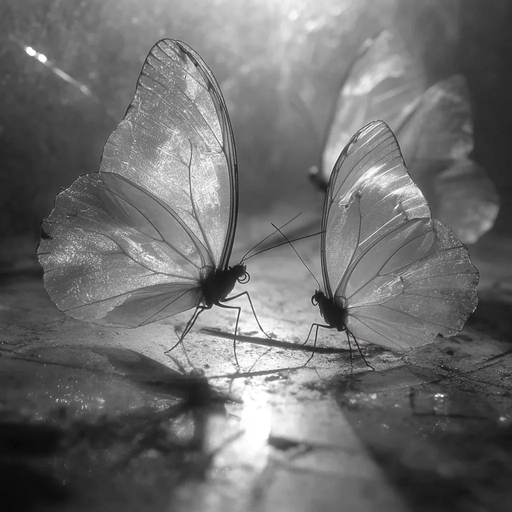 Two large, translucent butterflies face each other in a black and white close-up shot.  Their wings are delicate and veined, catching the light.  They stand on a textured surface, their shadows stretching behind them.  A blurred background suggests an outdoor setting, possibly in soft sunlight. The image evokes a sense of fragility and quiet beauty.