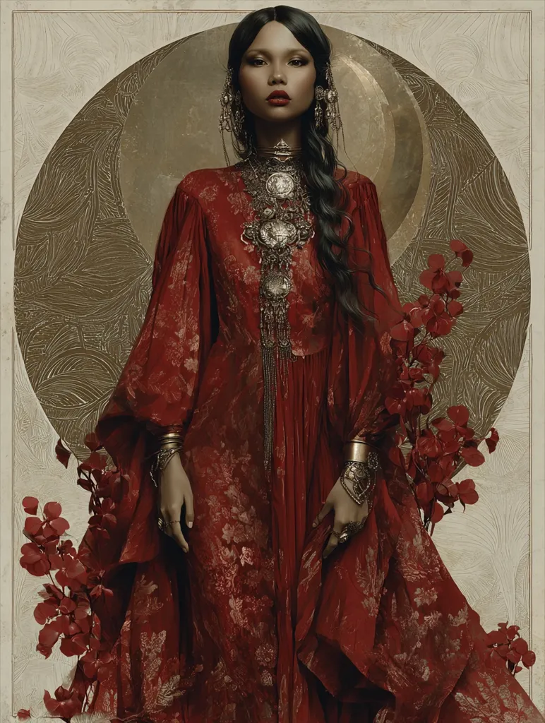 A regal woman, dark-haired and adorned in a rich red, intricately patterned gown, commands attention.  Her attire is complemented by heavy, ornate gold jewelry, including a striking necklace and bracelets.  The background features a muted gold circular motif and dark red flowers, framing her in a sophisticated, almost mystical portrait.  Her expression is serene and confident.