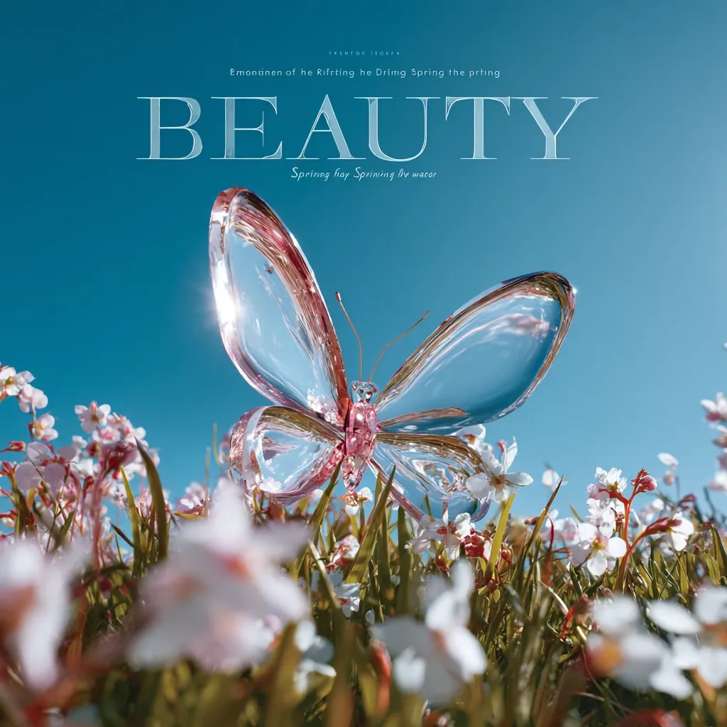 A crystalline butterfly, delicately pink and clear, rests amidst a field of blossoming flowers under a vibrant blue sky.  The word "BEAUTY" is prominently displayed above, emphasizing the scene's aesthetic appeal. The image evokes a sense of spring and natural beauty.  The butterfly's wings reflect the sunlight, adding to the overall ethereal quality.