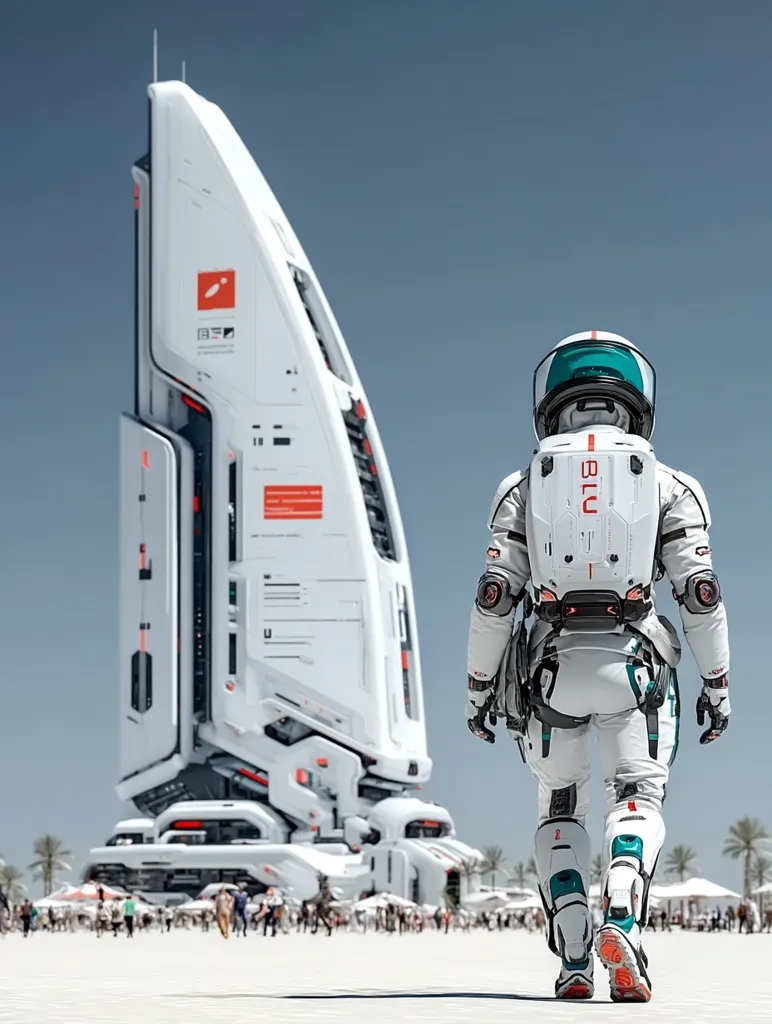 An astronaut in a futuristic white spacesuit with teal accents walks away from a colossal, sleek white spaceship-like structure.  The structure features intricate detailing and a red logo.  A crowd of people is visible in the background, suggesting a large-scale event or landing. The scene is set against a clear blue sky and a sandy landscape with palm trees, creating a striking contrast between the futuristic technology and natural environment.