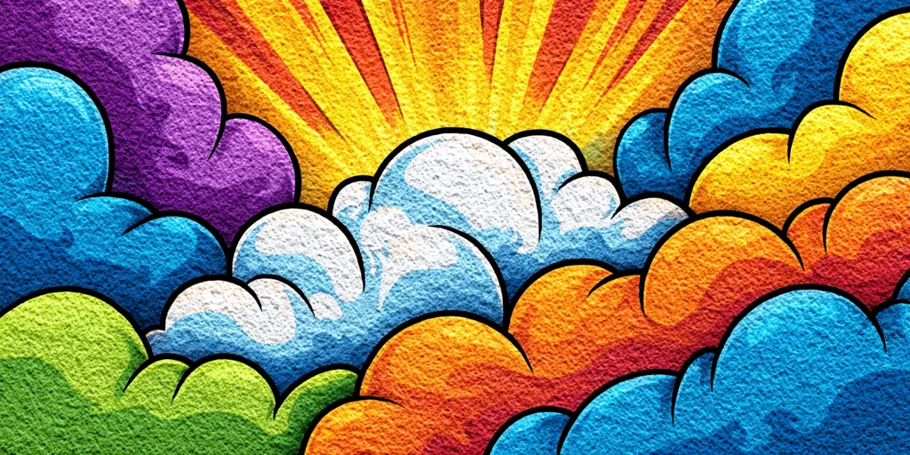A vibrant, stylized image depicting a sunburst effect behind cartoon clouds.  The clouds are rendered in a variety of bright colors including blues, oranges, purples, and greens, giving a graffiti-like texture. The style is reminiscent of comic book art, with bold outlines and a textured surface suggesting paint or spray paint.  The overall effect is energetic and playful.