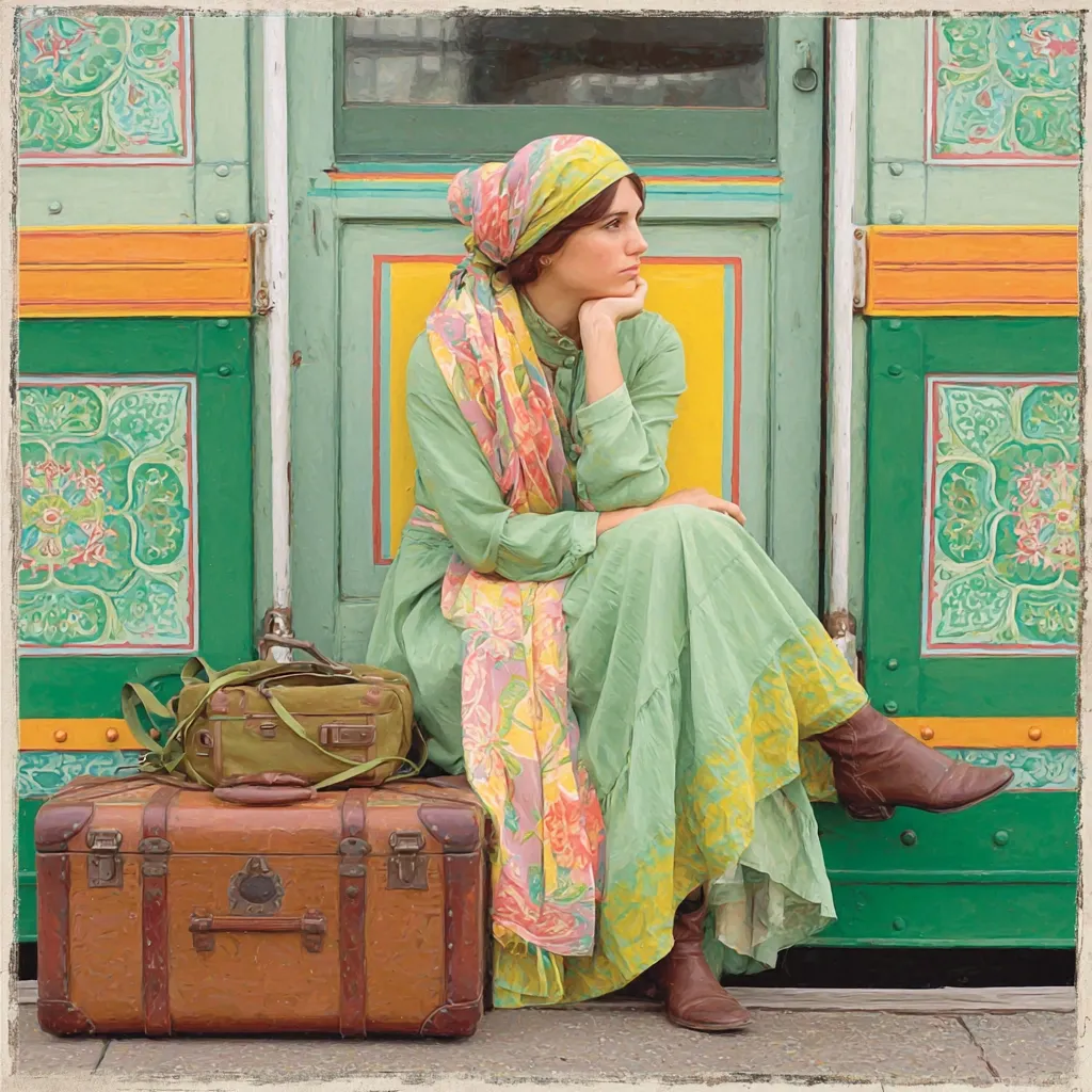 A young woman in a mint green dress and floral headscarf sits pensively beside vintage luggage.  She rests her chin on her hand, gazing off into the distance. The setting is a vibrantly painted train car, its green and yellow panels adorned with intricate designs.  The overall style evokes a nostalgic, perhaps bohemian, aesthetic.
