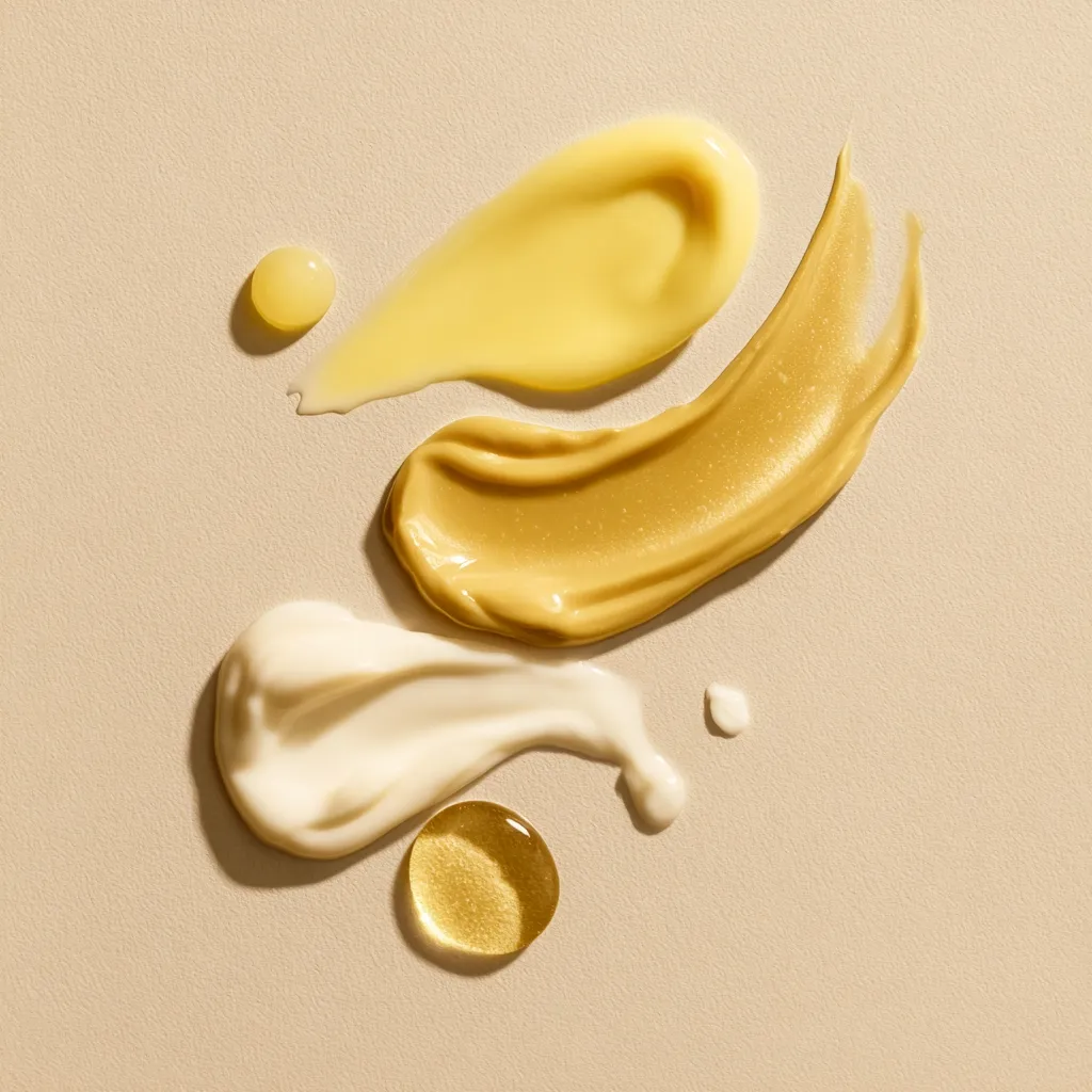 Three distinct beauty creams are artfully arranged on a beige background.  A pale yellow cream, a golden-hued cream, and a rich off-white cream are showcased, each with a unique texture and consistency.  Small droplets of a yellow oil complement the display, creating a visually appealing representation of skincare products. The lighting highlights the creamy textures and subtle color variations.