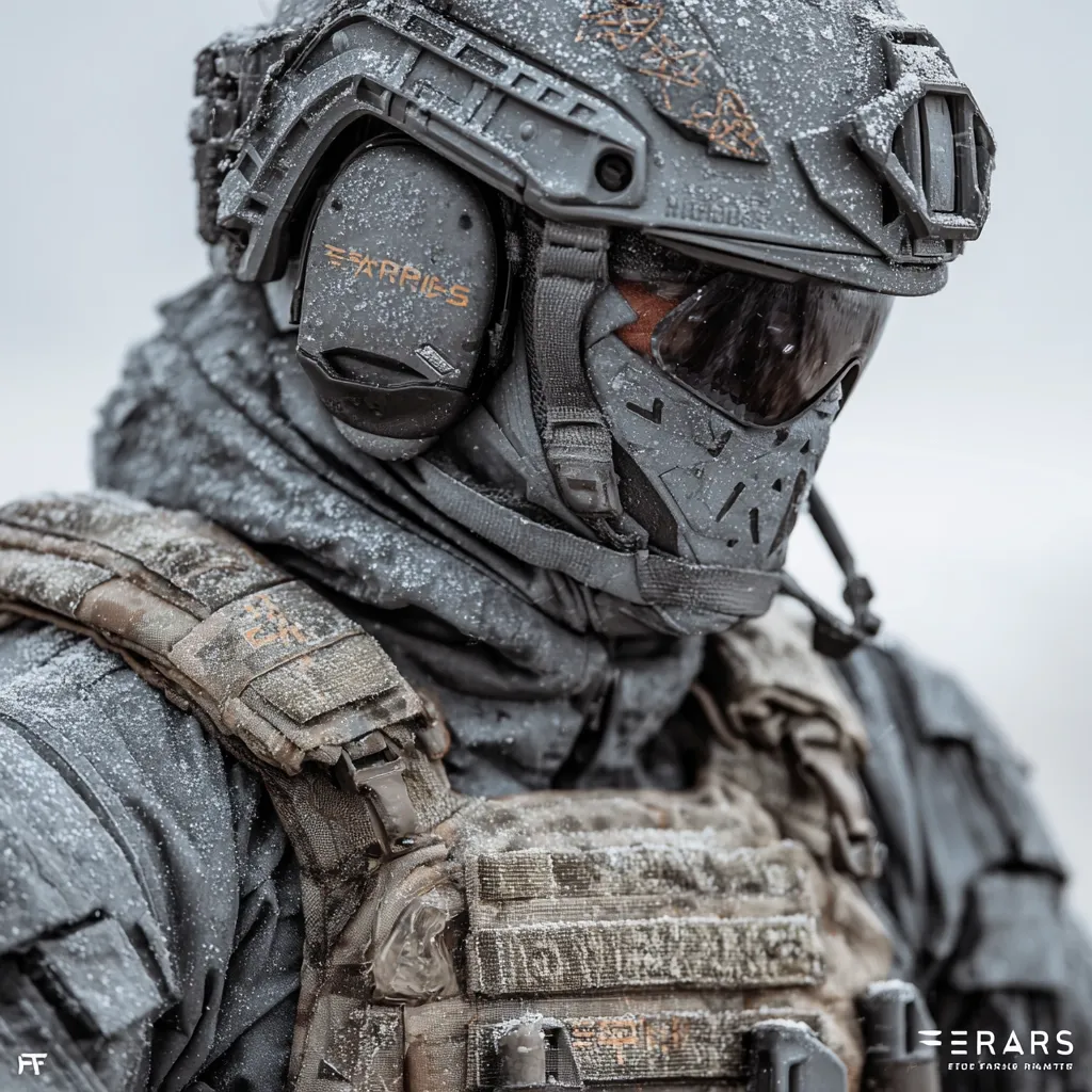 A close-up shot of a soldier in full tactical gear, covered in a layer of snow.  The soldier wears a helmet with integrated ear protection, a balaclava, and a heavily armored vest.  The image emphasizes the texture of the fabrics and the cold, snowy environment. The gear is modern and high-tech, suggesting a specialized or elite unit.