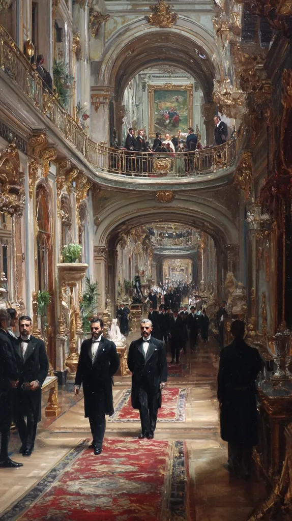 The painting depicts a grand, opulent interior scene, possibly a palace or ballroom.  Elegantly dressed men in formal attire walk along a richly colored carpet, proceeding towards the vanishing point.  A balcony above showcases a gathering of people, adding depth to the composition.  Ornate gold detailing and architectural features dominate the scene, highlighting the lavishness of the setting.  The overall atmosphere suggests a formal event or celebration of high society.