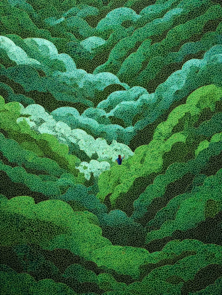 A stylized depiction of a verdant landscape, rendered in a mosaic of green hues.  The image features rolling hills and valleys, created with small, textured shapes resembling cracked earth or tiles. A lone figure, small in scale, stands within the landscape, adding a sense of depth and solitude to the scene. The overall effect is one of lush, textured nature, suggestive of a dense forest or mountainous region.