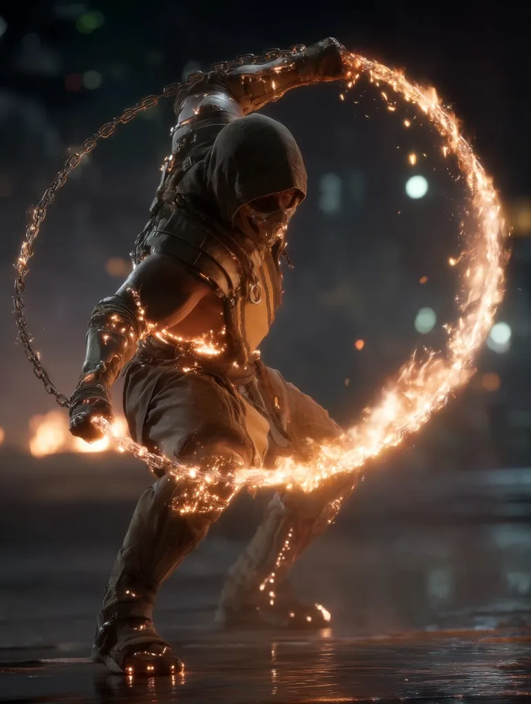 A hooded figure, possibly Sub-Zero from Mortal Kombat, wields a flaming chain weapon.  The fiery chain forms a circular arc around the character, highlighting their intense power and martial arts skills.  The background is dark and blurred, suggesting a nighttime urban setting. The overall image is dynamic and action-packed, evoking a sense of combat and supernatural abilities.