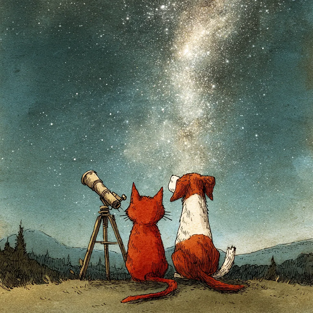 A whimsical illustration depicts a ginger cat and a beagle seated side-by-side, gazing up at a breathtaking night sky filled with the Milky Way. A small telescope stands between them, adding to the scene's enchanting atmosphere.  The backdrop features a gently rolling landscape silhouetted against the starry expanse. The artwork evokes a sense of wonder and companionship under the vastness of space.