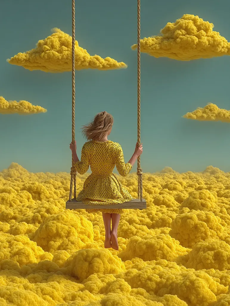 A woman in a yellow polka dot dress sits on a rope swing, her back to the viewer.  She is suspended above a vast expanse of fluffy, bright yellow clouds that stretch to the horizon under a pale blue sky.  The scene is surreal and dreamlike, evoking a feeling of lightness and freedom.  Several larger yellow clouds float in the distance.