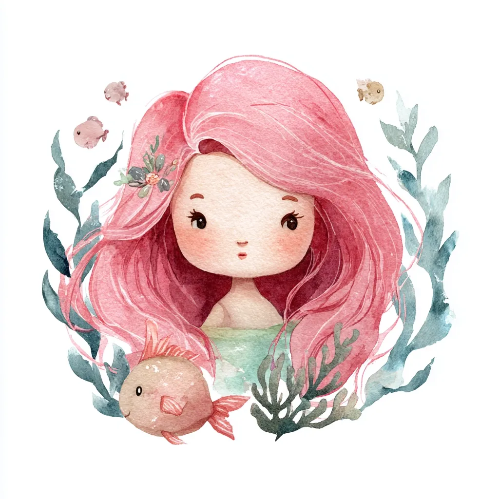 A watercolor illustration of a cute girl with long pink hair. She is surrounded by seaweed and small fish, creating an underwater scene.  Her expression is sweet and gentle, and she appears to be a mermaid-like character. The style is whimsical and charming, suitable for children's books or decorative prints. The colors are soft and pastel, enhancing the overall dreamy atmosphere.