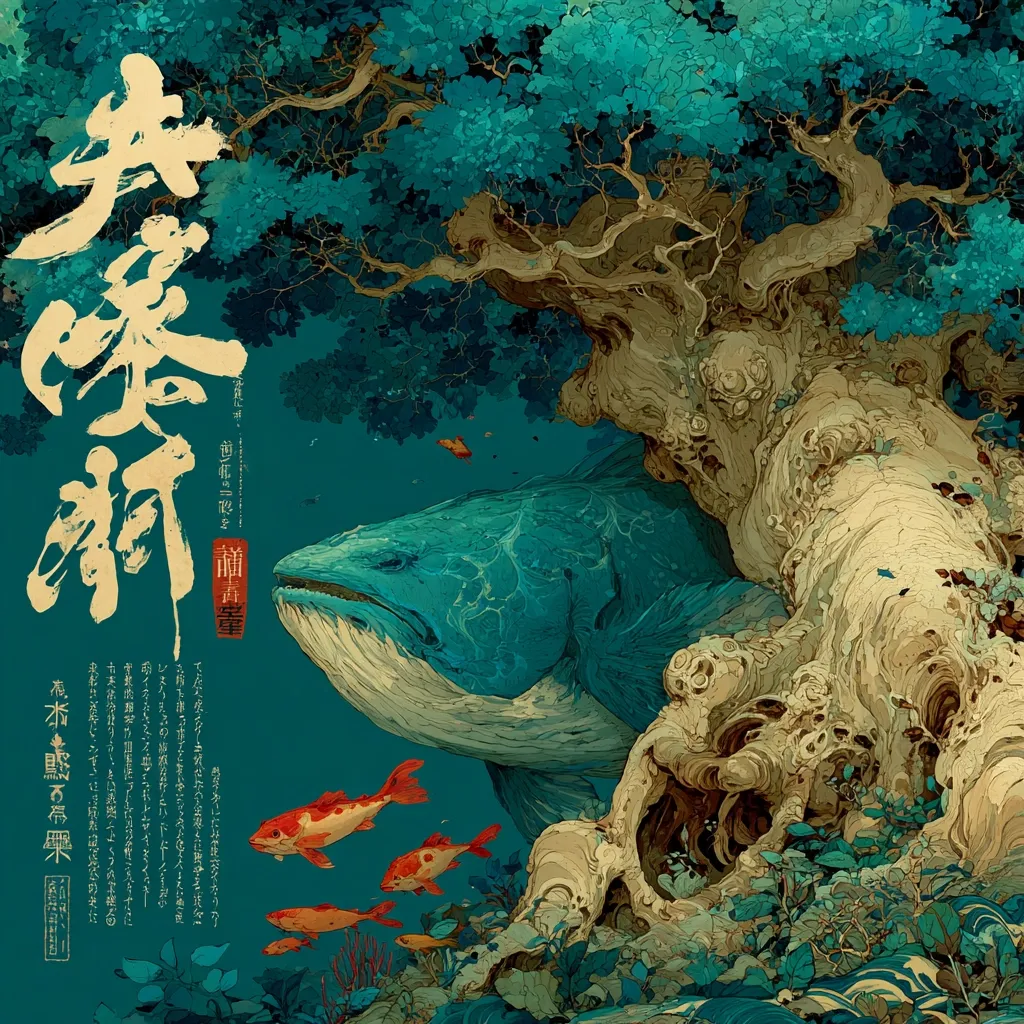 A breathtaking illustration features a colossal, teal-hued fish nestled beneath the sprawling branches of an ancient tree.  The fish's scale-like skin and the tree's intricate texture are exquisitely detailed.  Smaller, vibrant orange fish swim nearby, adding a splash of color to the predominantly teal and beige palette.  Stylized Chinese characters are prominently displayed, enhancing the artwork's mystical atmosphere. The scene evokes a sense of tranquility and hidden wonder, a blend of fantasy and nature.