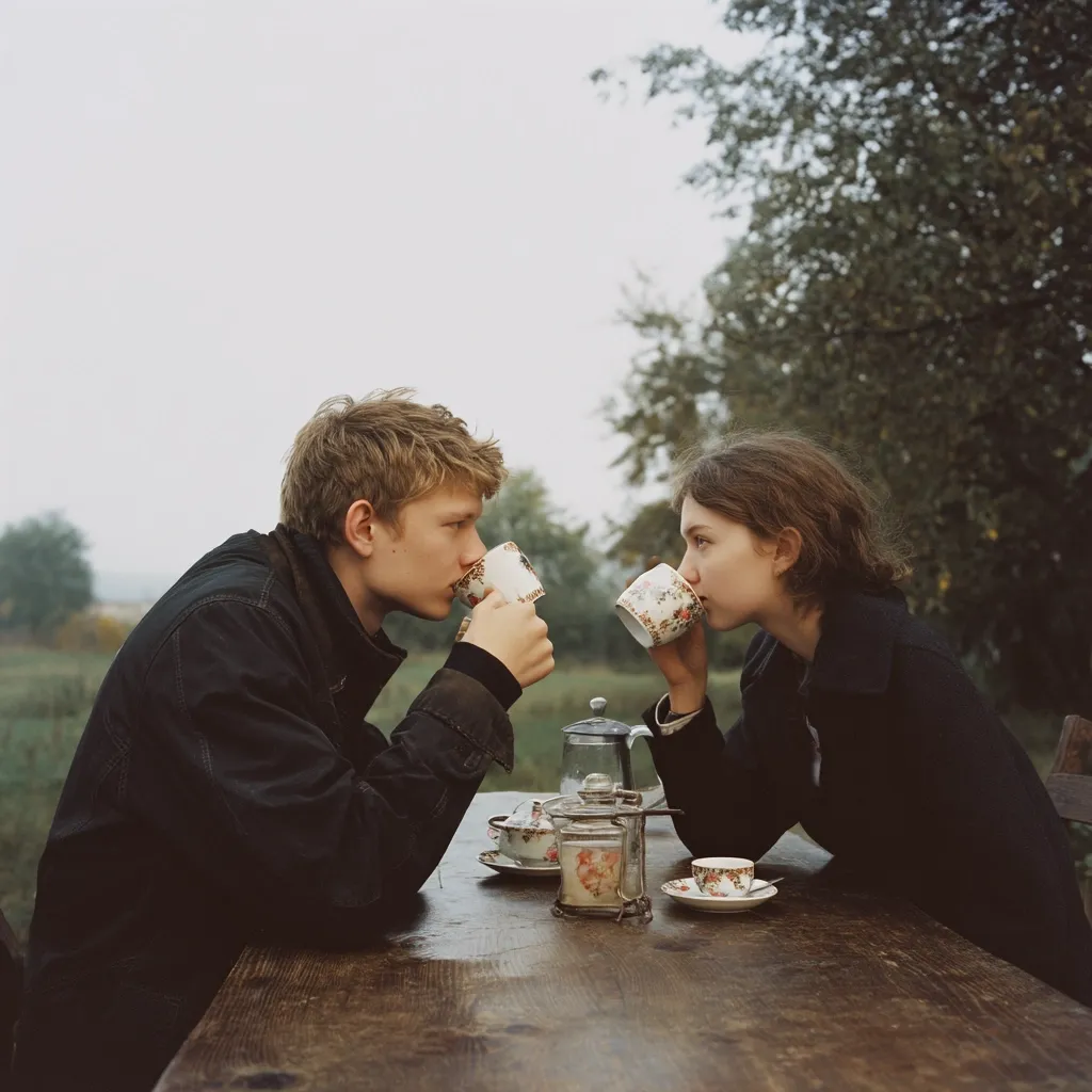 A young couple sits at a rustic wooden table outdoors, sharing tea from delicate floral-patterned mugs.  They are deeply engrossed in conversation, their faces close together. The setting is idyllic and peaceful, with a soft, muted light suggesting an autumnal day.  The scene evokes a sense of intimacy and quiet connection.