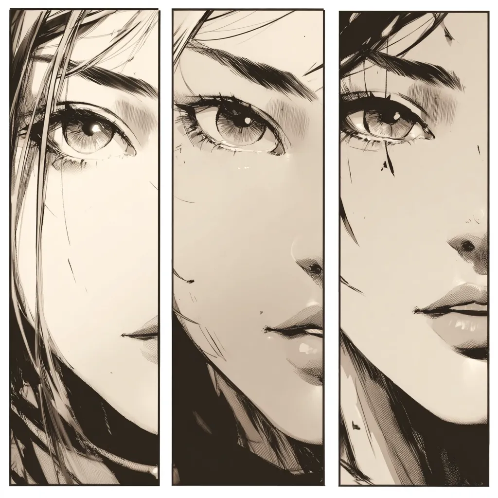 A triptych of close-up illustrations showcases the faces of three young women, their eyes intensely focused.  The sepia-toned artwork features a sketchy style, emphasizing textures and subtle shading.  Each woman possesses a unique expression and subtle differences in facial features, creating a captivating and mysterious effect.  The overall impression is one of both strength and vulnerability.