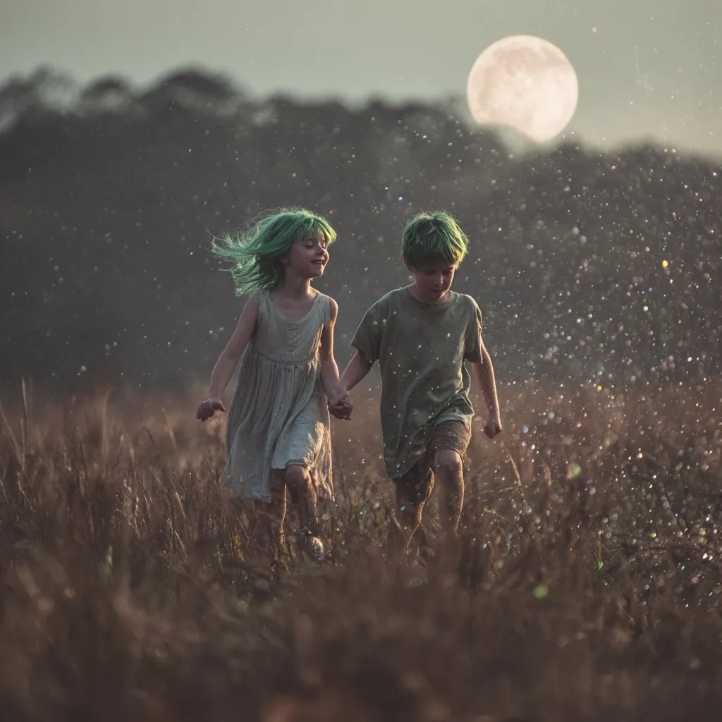 Two children with vibrant green hair run hand-in-hand through a tall grass field.  A large, bright moon hangs in the dusky sky above, as glittering particles rain down around them.  The children's joyful expressions and the magical setting create a whimsical, enchanting scene.  The image evokes a sense of freedom and wonder.