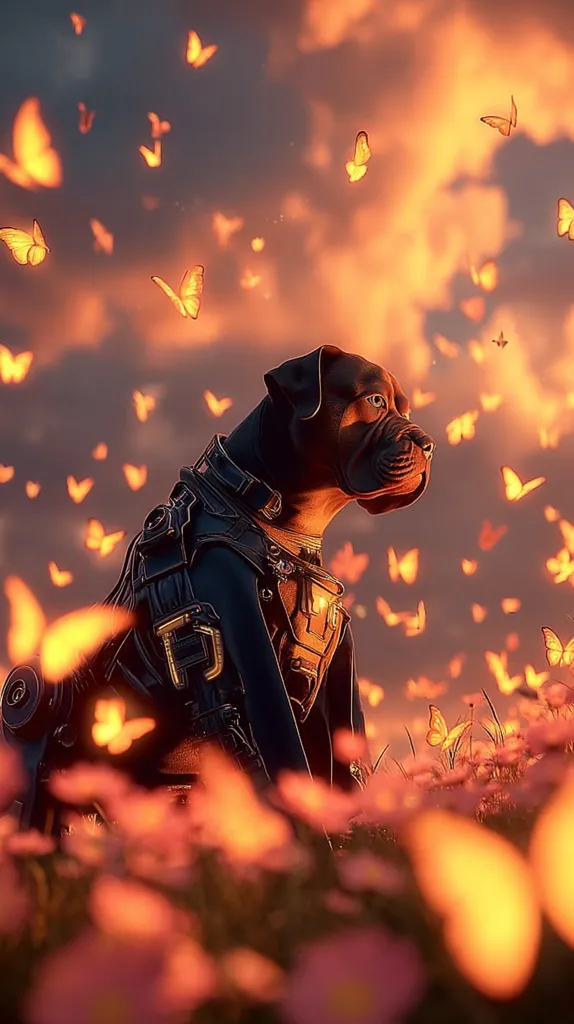 A majestic Boxer dog, adorned in futuristic armor, sits amidst a field of glowing pink flowers.  Numerous orange butterflies flutter in the warm, sunset sky behind it. The scene is ethereal and evokes a sense of peace and wonder. The dog's gaze is directed towards the horizon, adding to the contemplative mood.