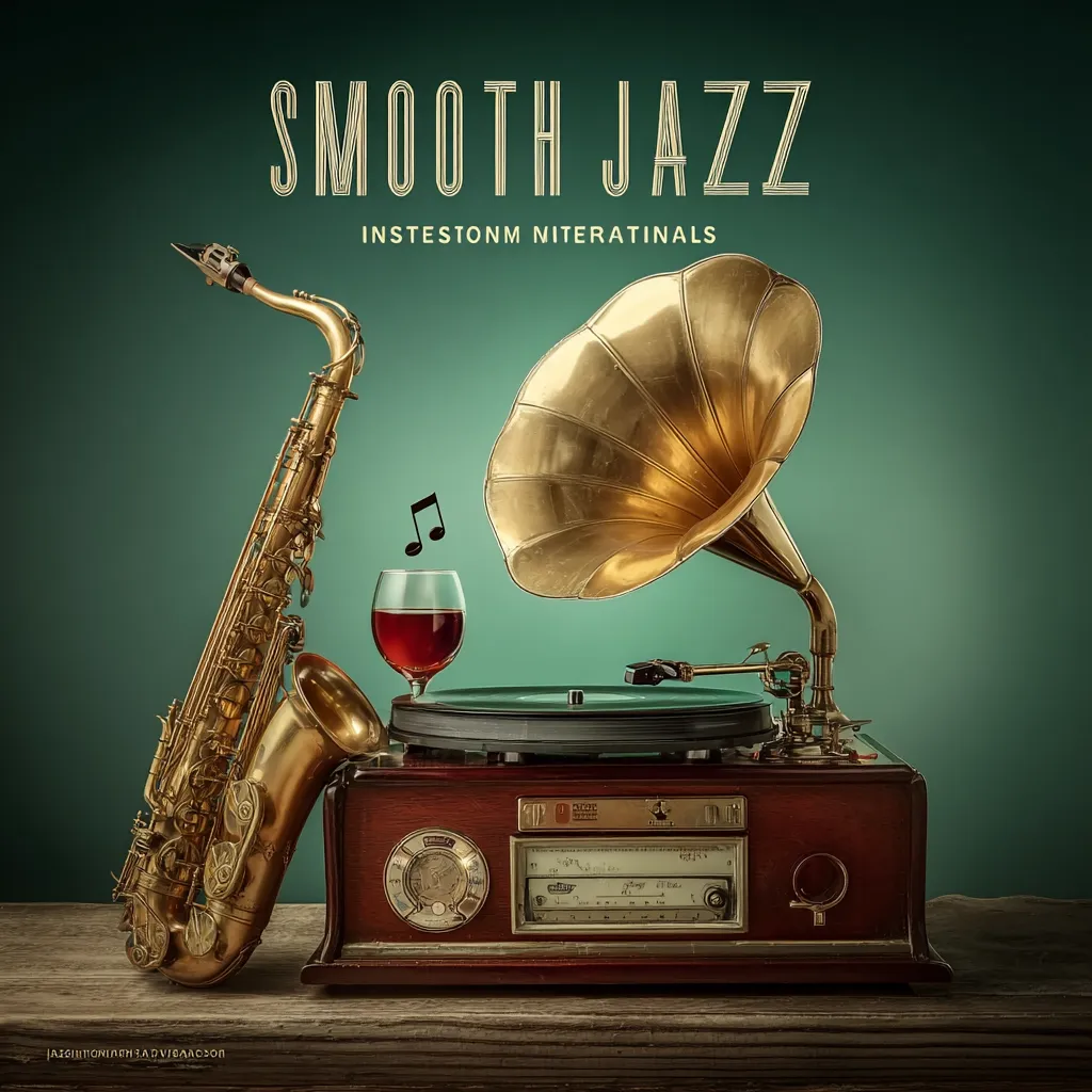 A vintage gramophone and saxophone are artfully arranged beside a glass of red wine against a teal backdrop.  The title "Smooth Jazz" and the words "INSTESTONM NITERATINALS" are displayed above.  The scene evokes a classic, sophisticated atmosphere, suggesting a relaxed and musical ambiance. The overall composition is rich in texture and color, hinting at a smooth jazz album cover or promotional image.