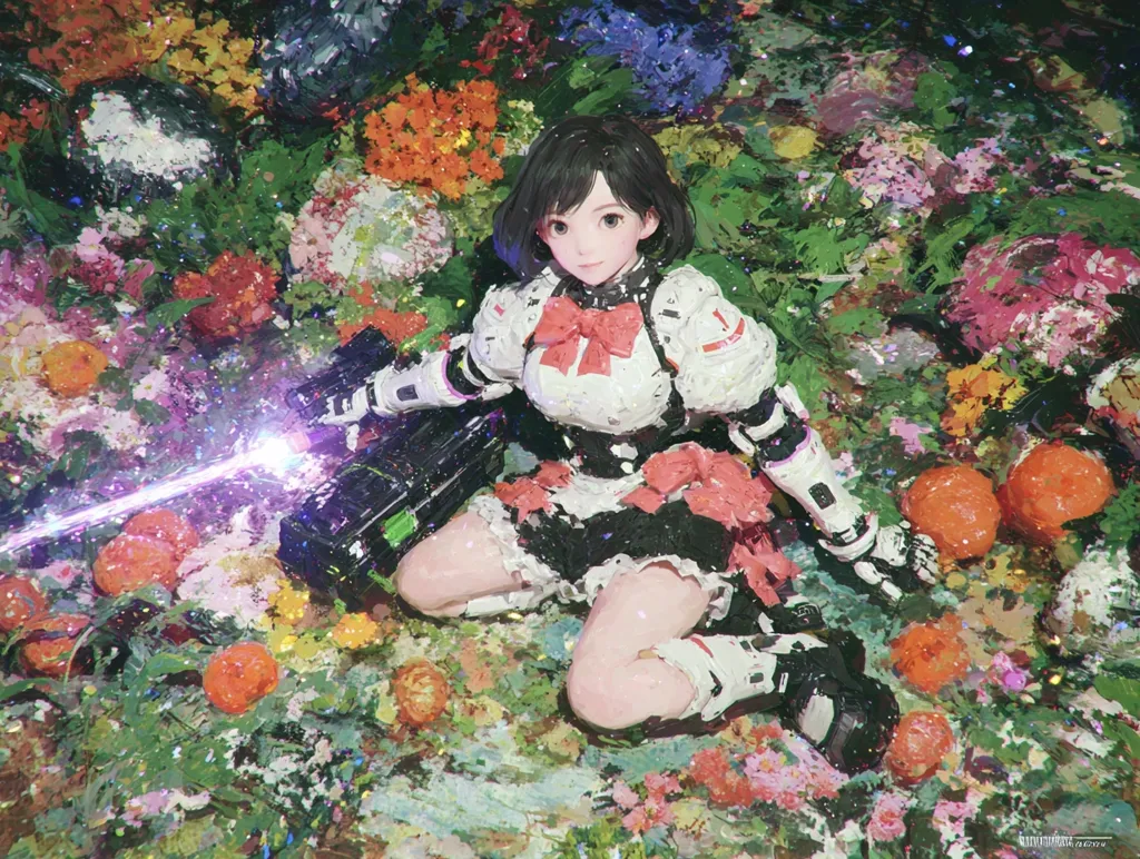 An anime-style girl with short black hair sits amidst a vibrant, painterly landscape of flowers and oranges.  She wears a white and black maid-style dress with robotic arm attachments. A purple energy beam emanates from a futuristic weapon she holds, adding a sci-fi element to the whimsical scene. The overall style is heavily textured and impressionistic, blending fantasy and technology.